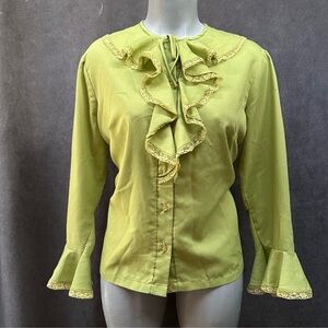 Vintage Ruffled jabot Blouse Top Green MODE O'DAY Women’s